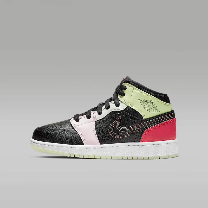 Jordan 1 Mid Glow-In-The-Dark (GS) Black/Ember Glow-Barely Volt-Light Soft Pink-Jade Aura (AV5174-076)