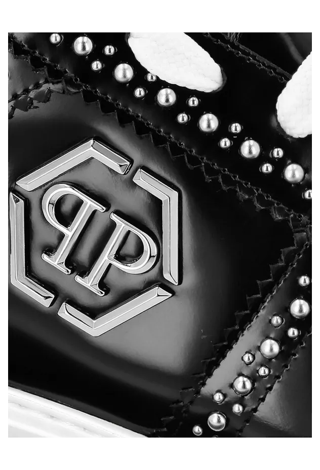 Philipp plein Brushed Leather Low-Top Sneakers with Embroidered Monogram Black (FADSMSC3980PLE010N02) (3)