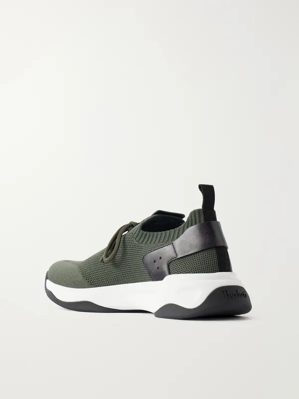 Berluti Shadow Logo-Embroidered Leather-Trimmed Stretch-Knit Army green (S6610-009)