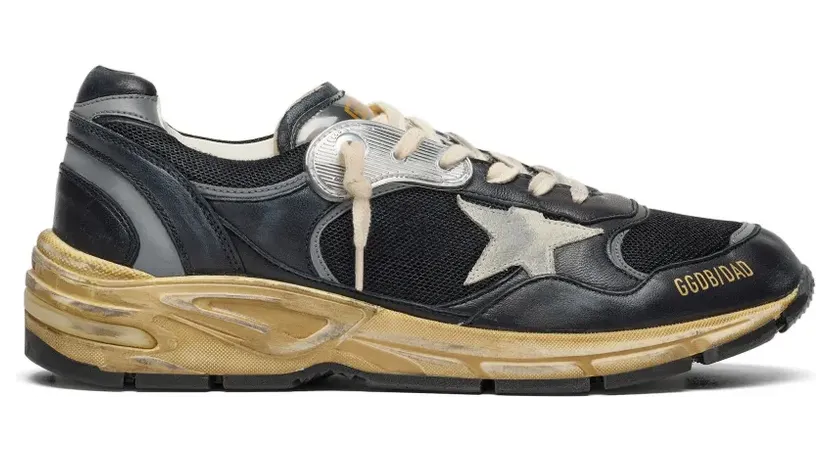 Golden Goose Dad-Star Sneakers aus schwarzem und silbernem Mesh und Nappa mit eisgrauem Stern (GWF00884F003270)