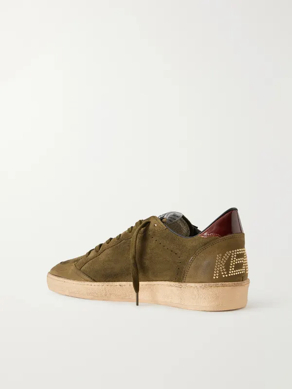 Golden Goose Ball Star Distressed Leather-Trimmed Studded Suede Sneakers Army green (GMF01020.F008123) (4)