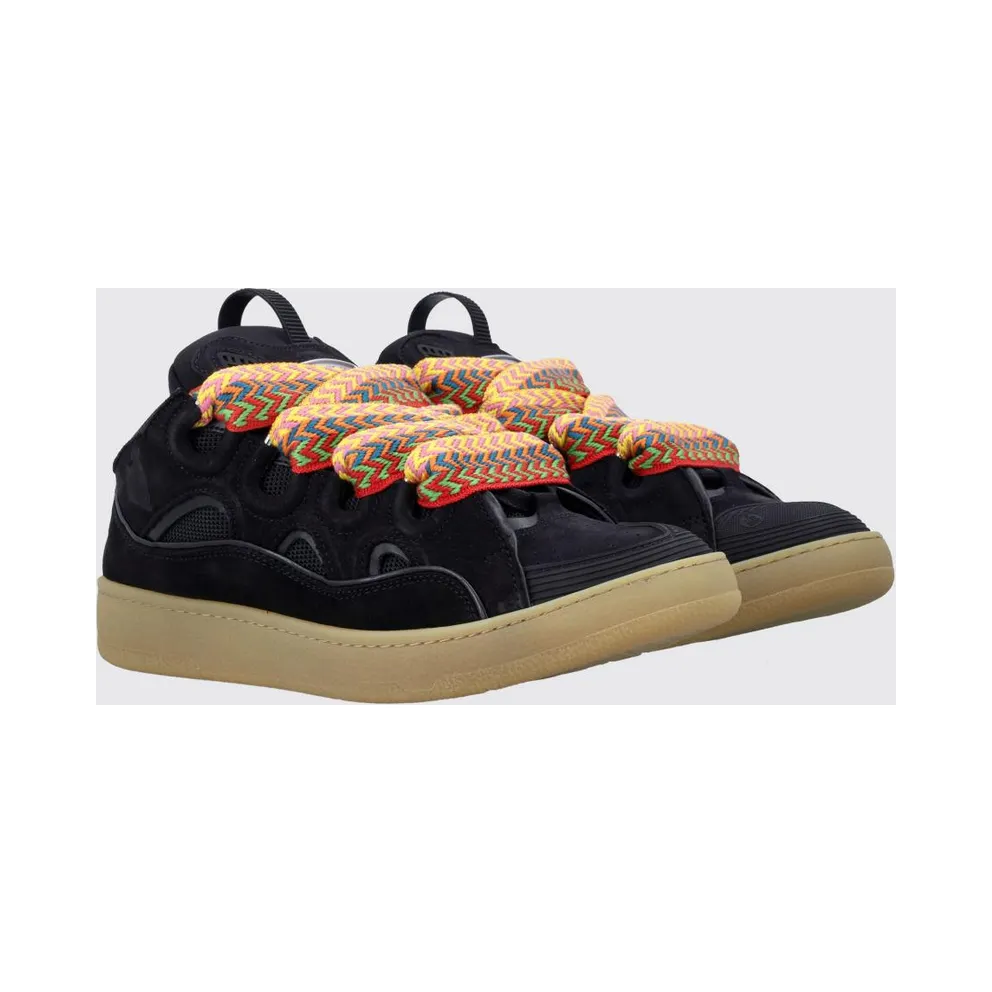 Lanvin Curb Low-Top Sneakers in Leather and Mesh with Oversized Laces Black (FUSKDK12DRA310)