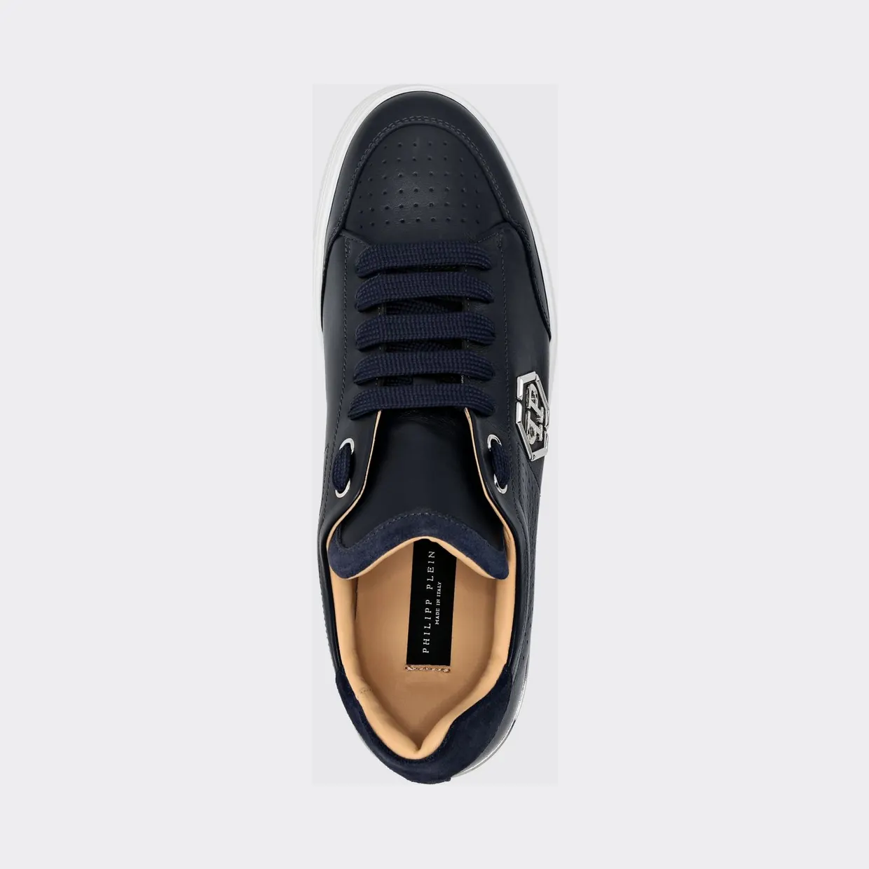 Philipp plein Leather Low-Top Sneakers with Monogram Pattern and Applied Hexagon Logo Blue (SADSUSC0538PLE022N14) (3)