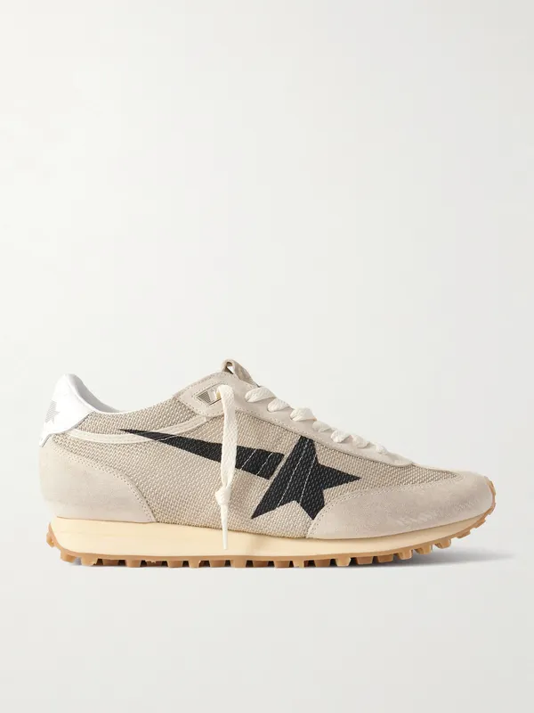 Golden Goose Marathon Distressed Suede-Trimmed Printed Mesh Sneakers Beige (GMF00683.F007840)