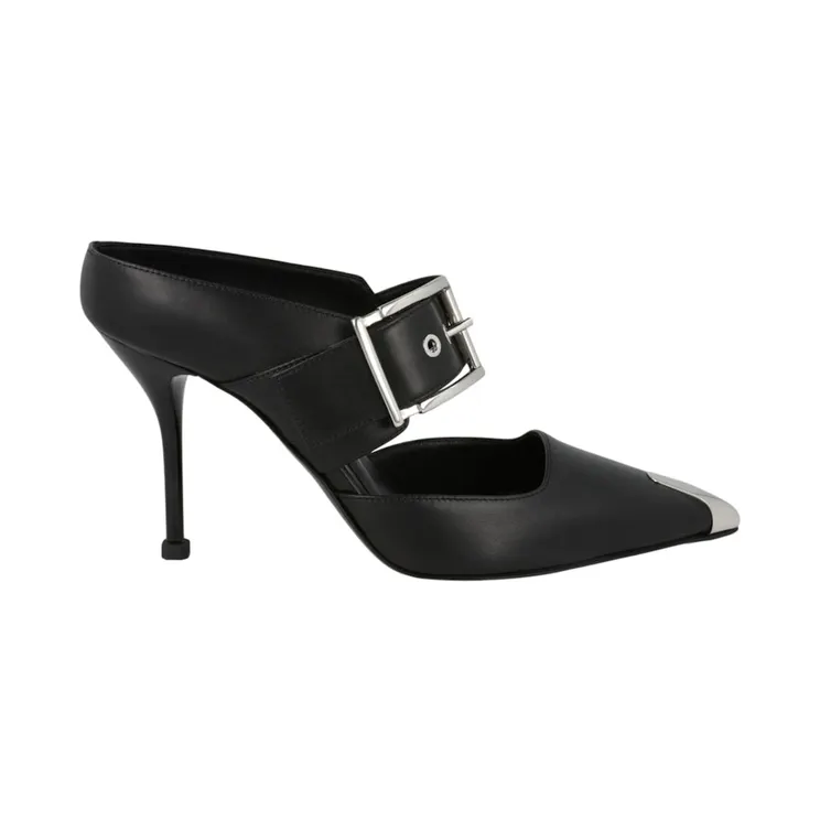 Alexander McQueen Buckle Leather Mules Black Silver (757513 WIEA1 1081)