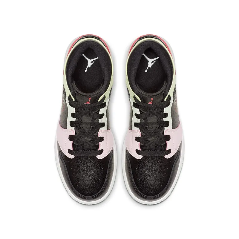 Jordan 1 Mid Glow-In-The-Dark (GS) Black/Ember Glow-Barely Volt-Light Soft Pink-Jade Aura (AV5174-076)