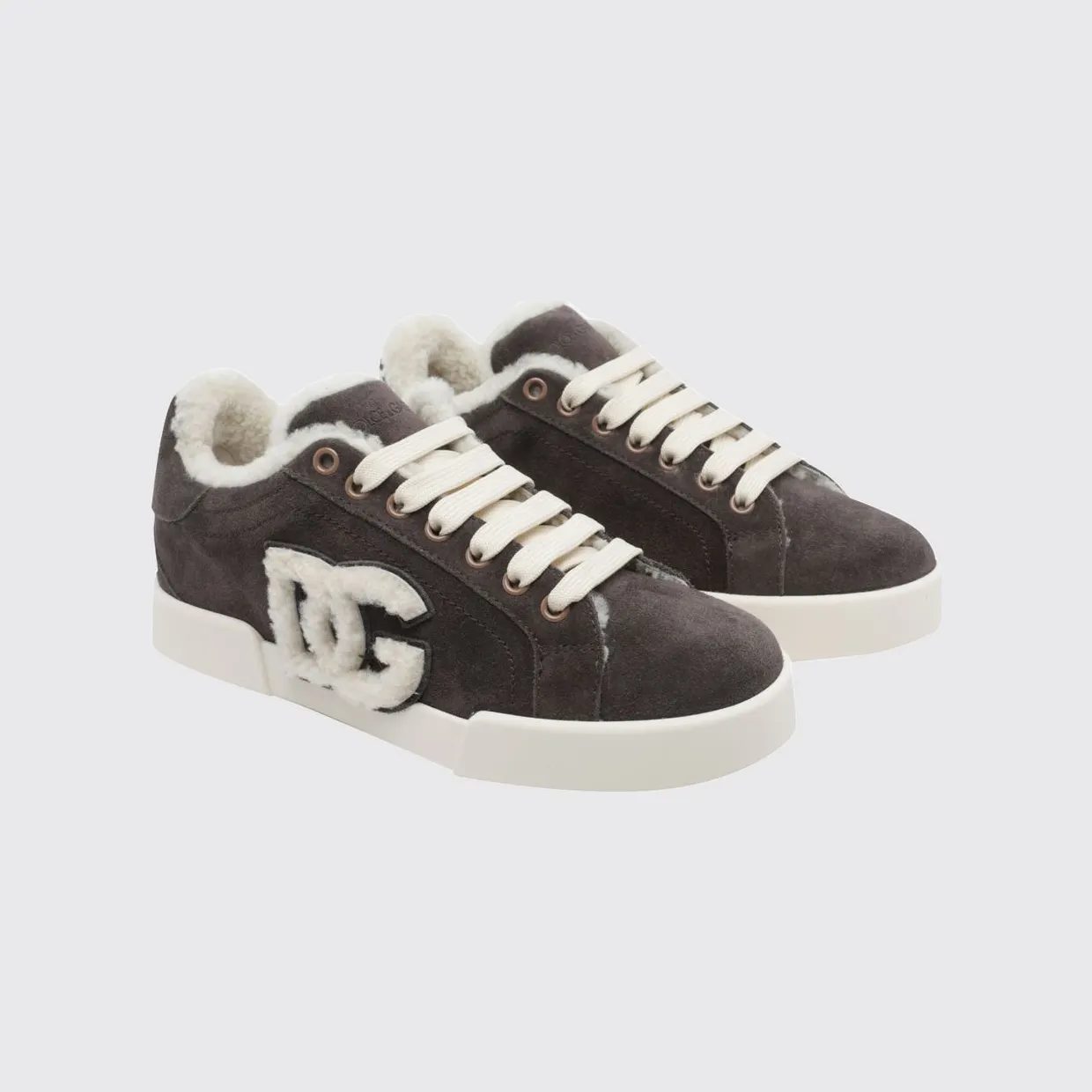 Dolce & Gabbana Low-Top Sneakers in Shearling and Suede with DG Monogram Brown (CK2374AJ2228L832)