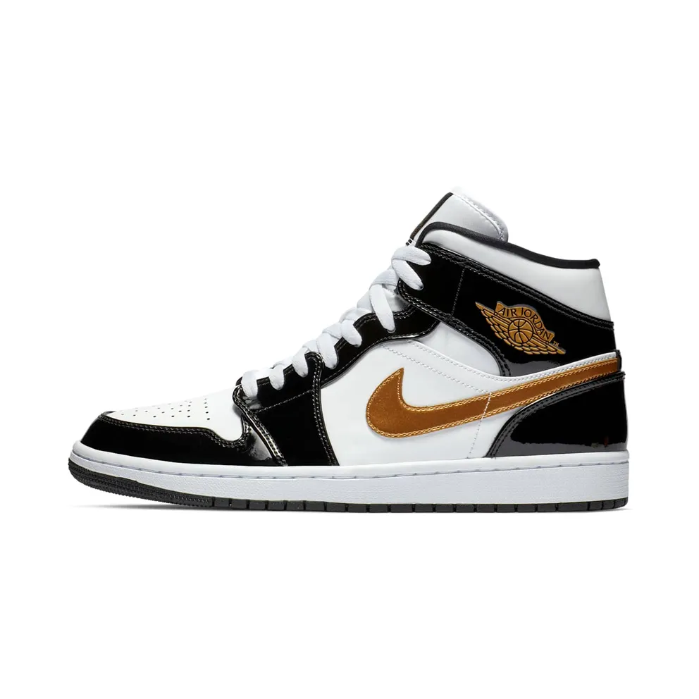 Air Jordan Nike AJ I 1 Mid Patent Black White Gold (852542-007)