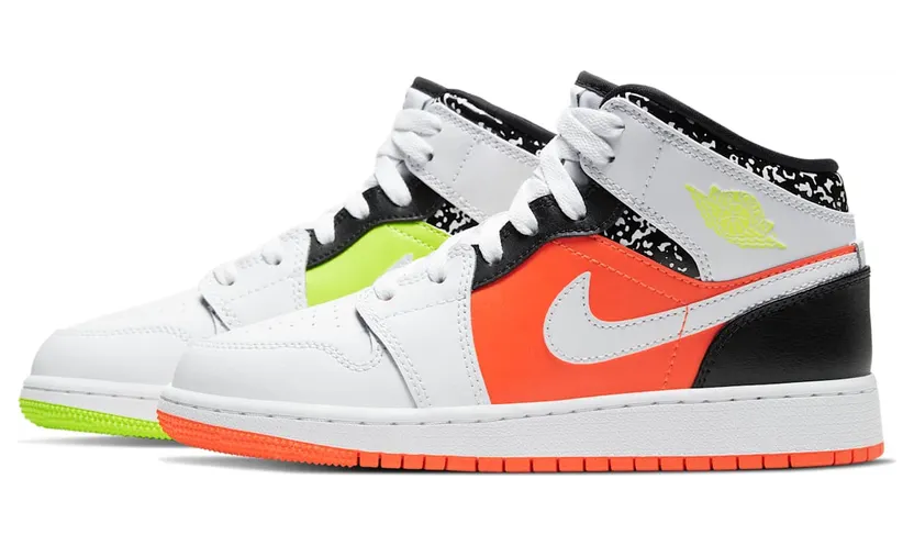 Air Jordan 1 Mid GS Composition Notebook “Hyper Crimson / White / Black / Volt” (554725-870)