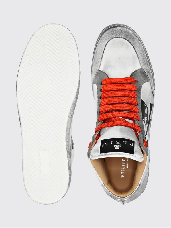 Philipp plein High-Top Skull Sneakers in Leather and Suede with a Worn Effect White 1 (UAESUSC0890PLE005N0186) (3)