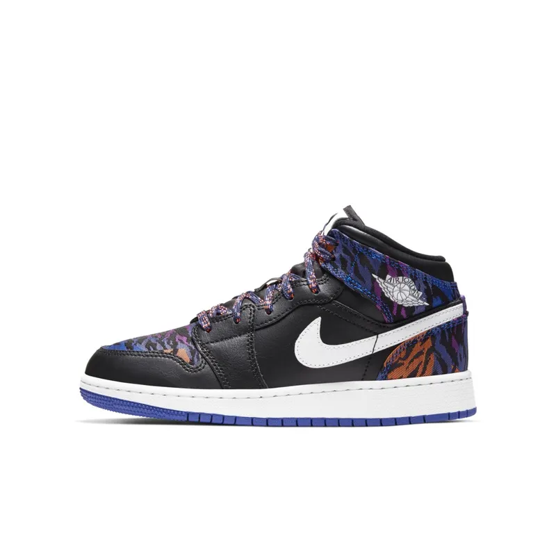 Jordan 1 Mid Multi-Color Tiger Stripe (GS) Black/White-Rush Violet-Black (AV5174-005)