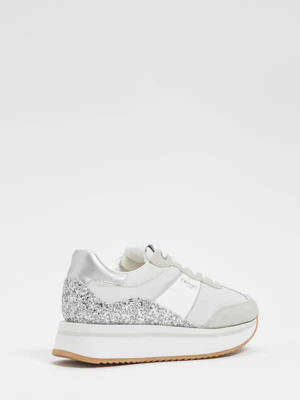 Twinset Suede And Nylon Glitter Sneakers White (261TCP02010721)