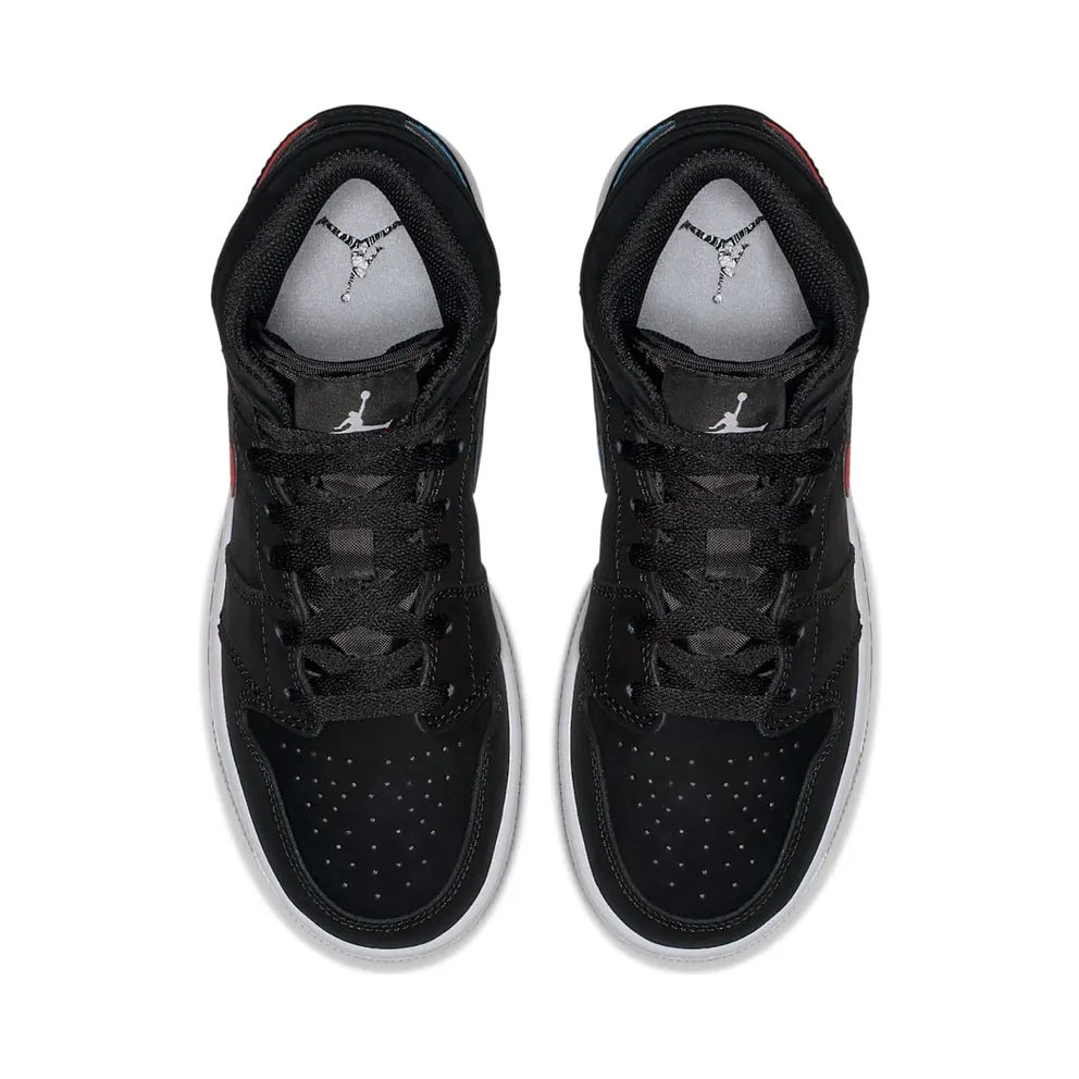 Jordan 1 Mid Multi-Color Swoosh Black (GS) Black/Varsity Red-Varsity Royal-White-Cement Grey (554725-065)