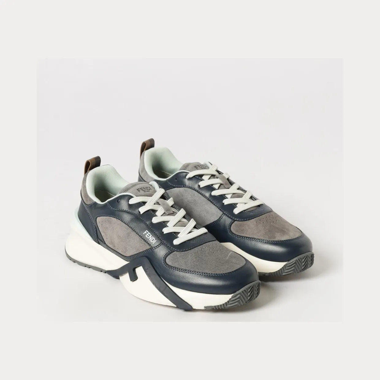 Fendi Flow Low-Top Sneakers in Suede and Smooth Calf Leather Blue (7E1925AY1WF1WPE)