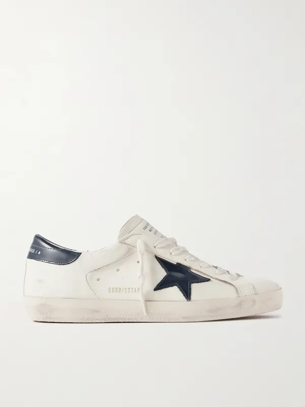Golden Goose Super-Star Distressed Glossed-Trimmed Leather Sneakers Beige (GMF00101.F004164)