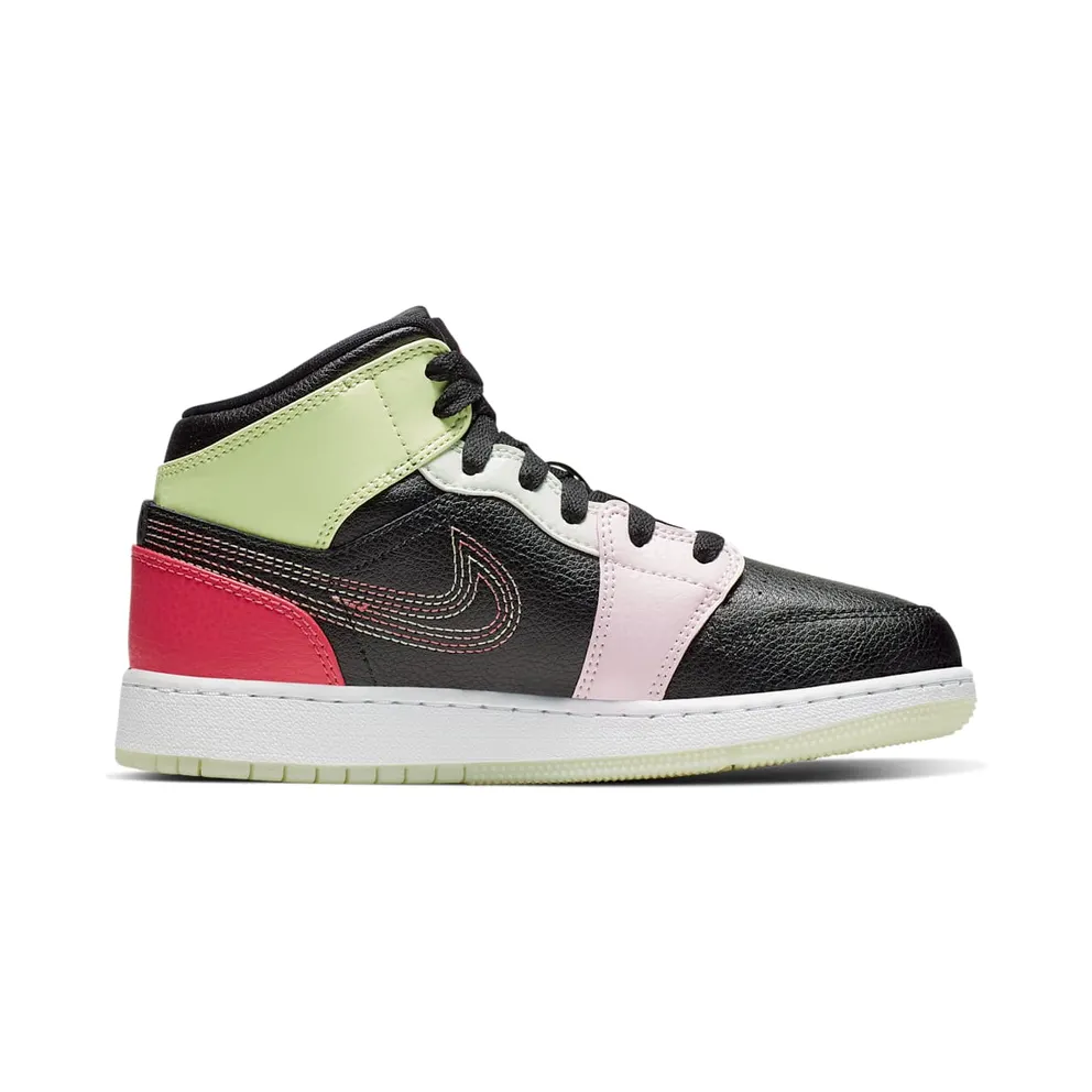 Jordan 1 Mid Glow-In-The-Dark (GS) Black/Ember Glow-Barely Volt-Light Soft Pink-Jade Aura (AV5174-076)