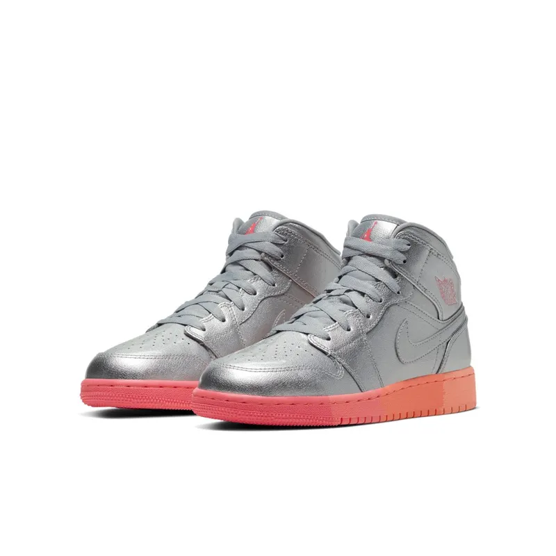 Jordan 1 Mid Sunrise (GS) Metallic Silver/Racer Pink-Wolf Grey-Hot Punch (555112-006)