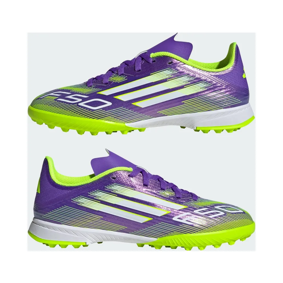 adidas F50 League Turf Boots Kids “Purple Rush / Cloud White / Lucid Lemon” (JI0000)
