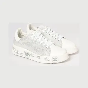 Premiata Belle Leather Sneakers with Rhinestones Yellow Cream (BELLE8158)