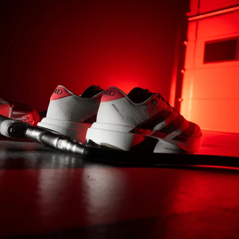 Adidas ADIZERO EVO SL WOVEN AUDI REVOLUT F1 TEAM SHOES Chalk Pearl / Utility Black / Hi-Res Red (KJ3703)
