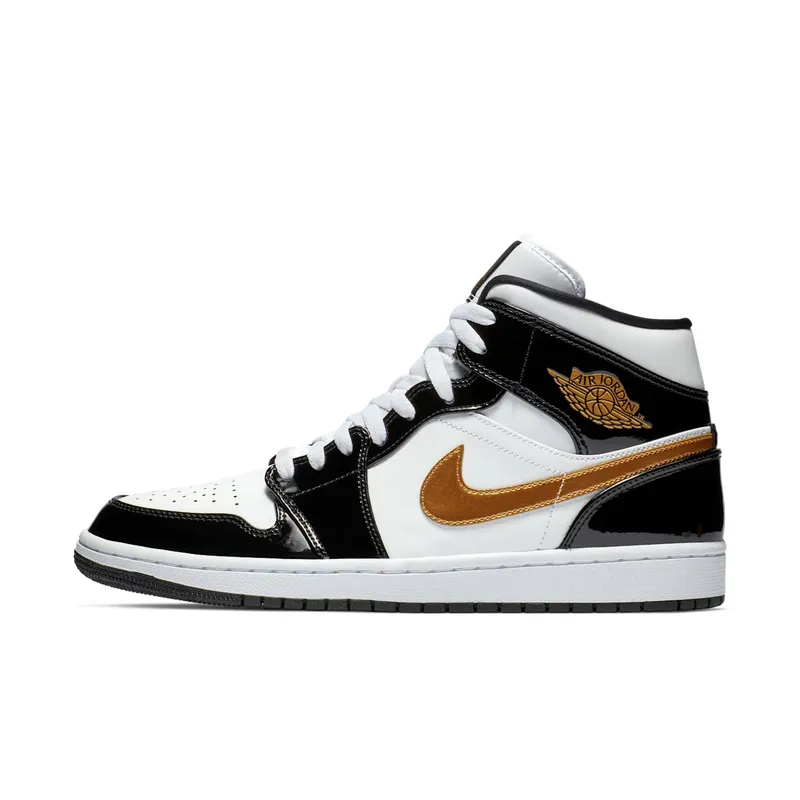 Air Jordan Nike AJ I 1 Mid Patent Black White Gold (852542-007)