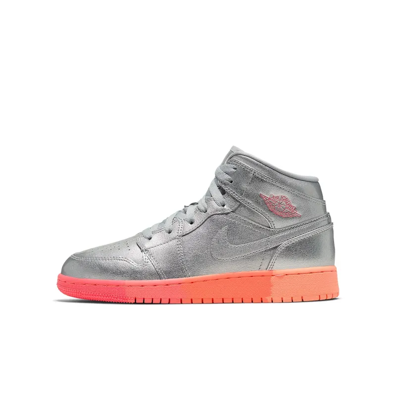 Jordan 1 Mid Sunrise (GS) Metallic Silver/Racer Pink-Wolf Grey-Hot Punch (555112-006)
