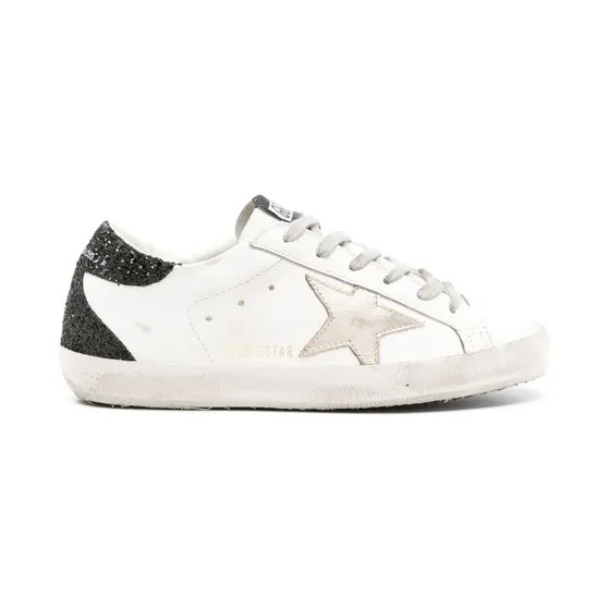 Golden Goose Super-Star mit goldfarbenem Stern und schwarzem Glitter-Absatz “White” (GWF00102F005076)