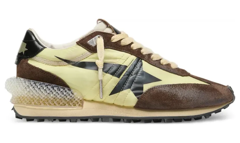 Golden Goose Marathon Sneakers aus limettengrünem Nylon mit schwarzem Stern und Einsätzen aus braunem Wildleder (GWF00684F008623)