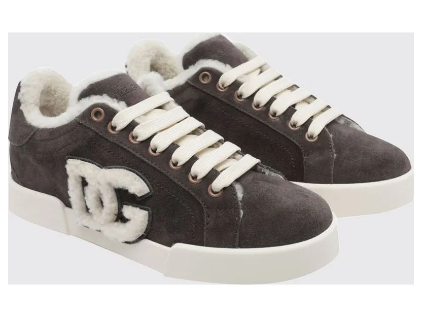 Dolce & Gabbana Low-Top Sneakers in Shearling and Suede with DG Monogram Brown (CK2374AJ2228L832)