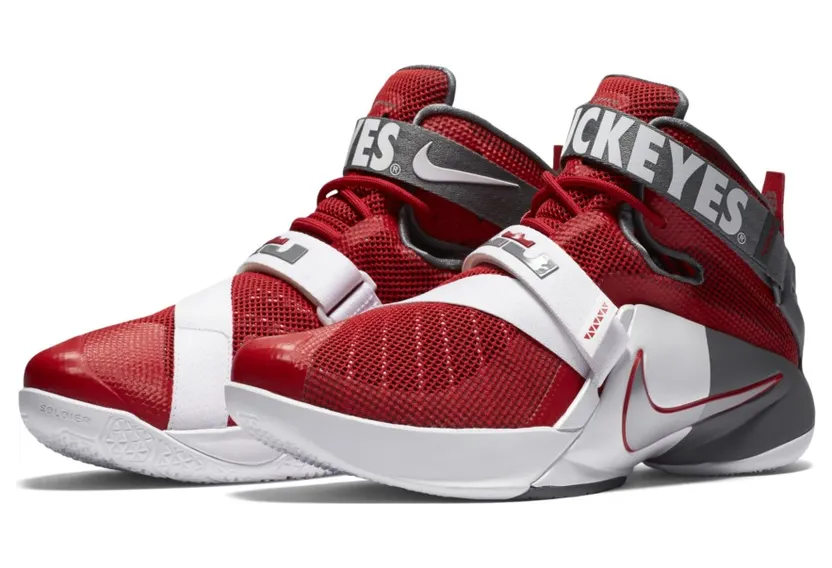 LeBron Soldier 9 “Ohio State” University Red-White-Cool Grey-Metallic Silver (749490-601)