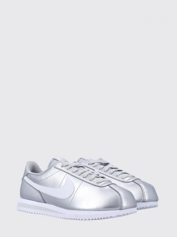 Nike Cortez Laminated Leather Trainers with Swoosh Logo and Round Toe Silver (IR0042001)