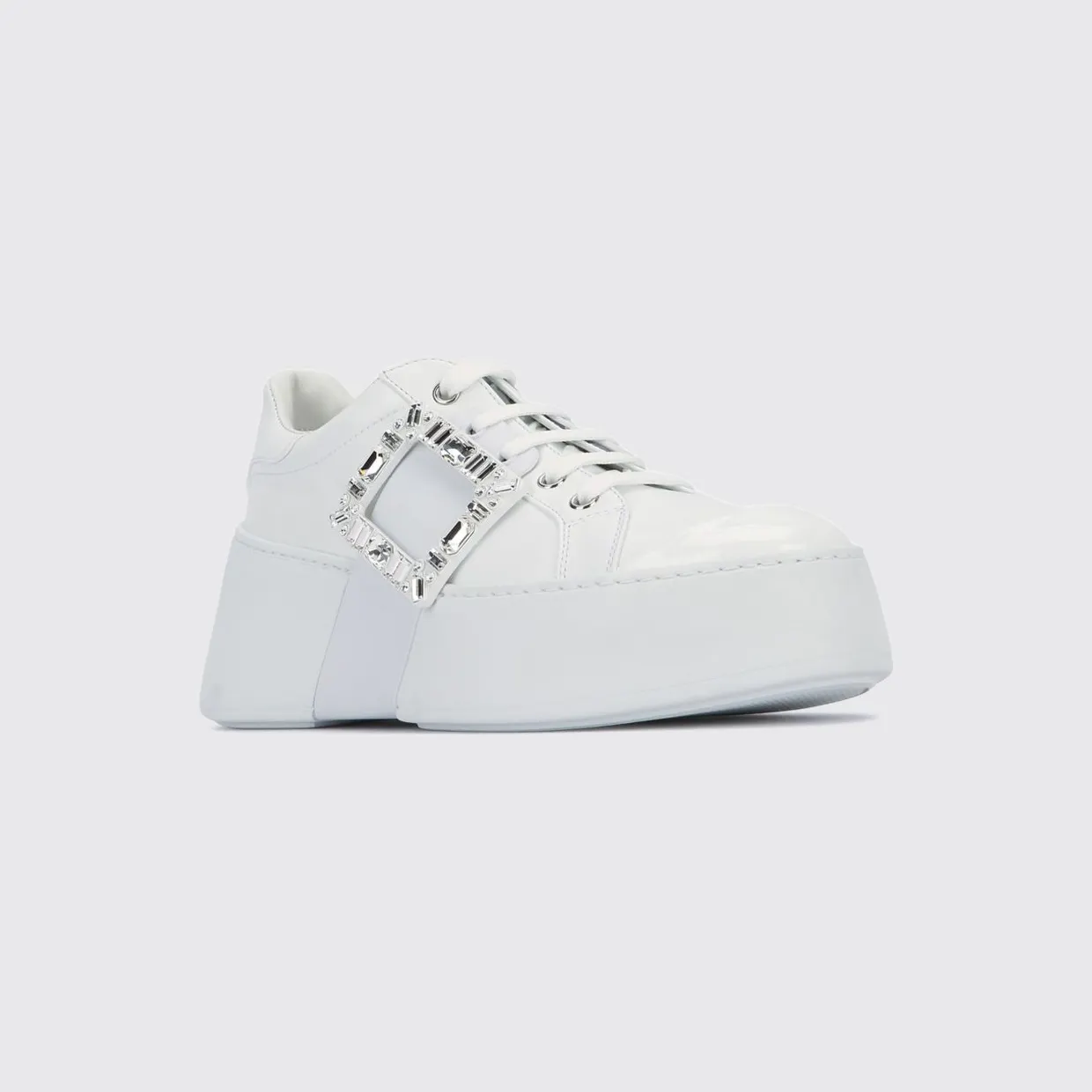 Roger Vivier Viv’ Skate Calf Leather Trainers with Jewel Buckle and Platform Sole White (RVW73729110LXQB001)