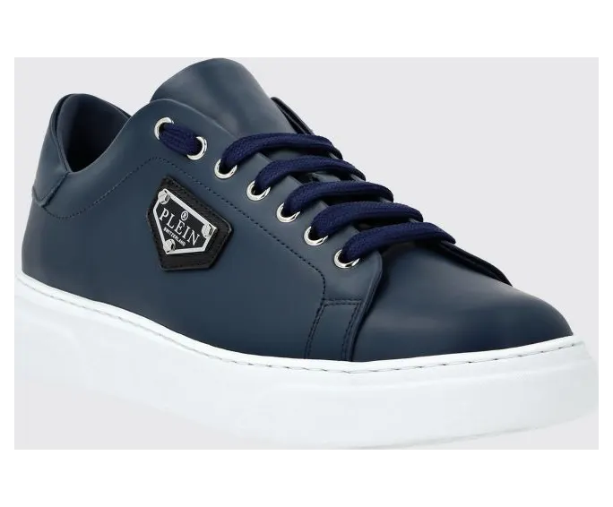 Philipp plein Smooth Leather Low-Top Sneakers with Applied Side Logo Blue (UADSUSC0701PLE075N14)