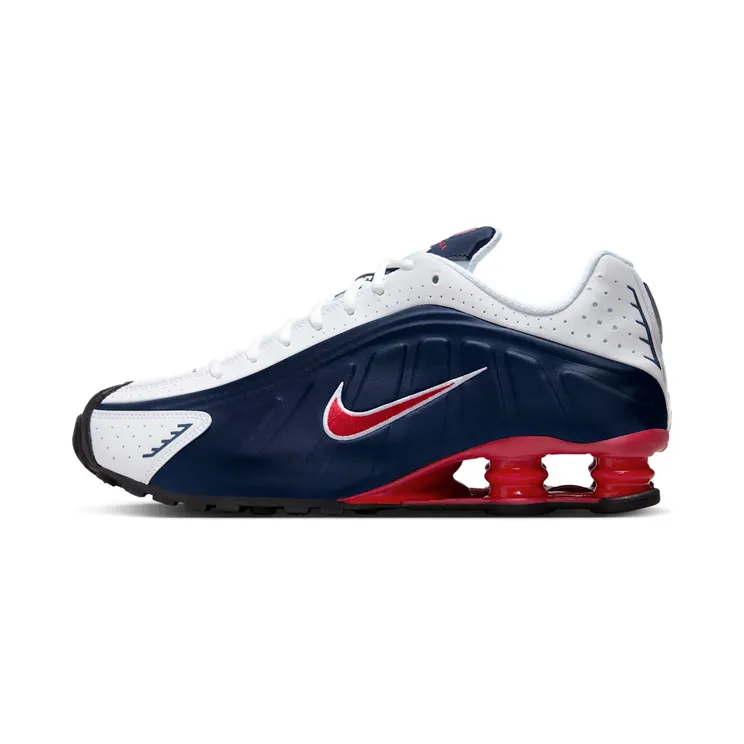 Nike Shox R4 USA (2025) “Midnight Navy / White / Metallic Silver / Gym Red” (HQ1988-400)