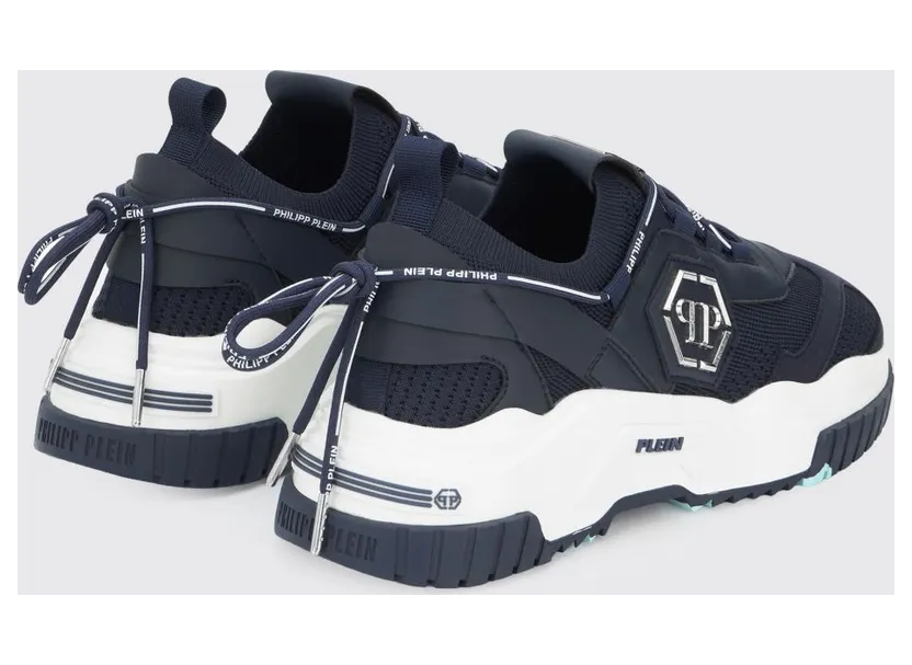 Philipp plein Low-Top Sneakers in Crochet Knit and Leather with Metallic Hexagon Logo Blue (FABSUSC0248PTE003N24) (2)