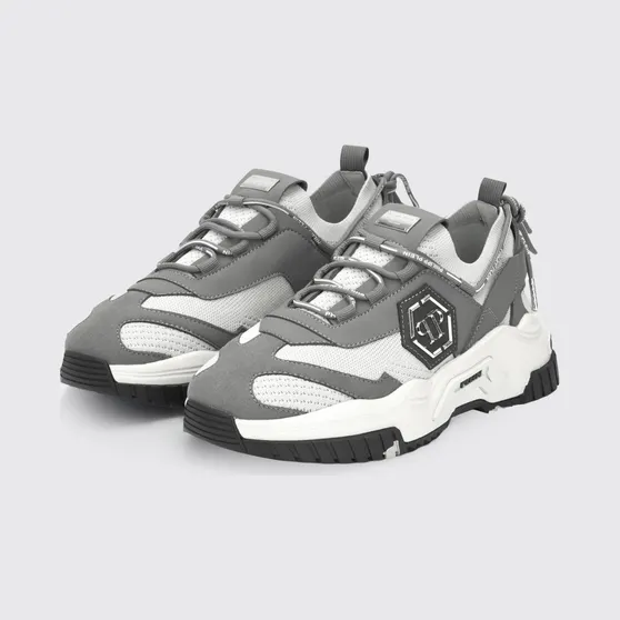 Philipp plein Low-Top Sneakers in Crochet Knit and Leather with Metallic Hexagon Logo Grey (FABSUSC0248PTE003N1072)