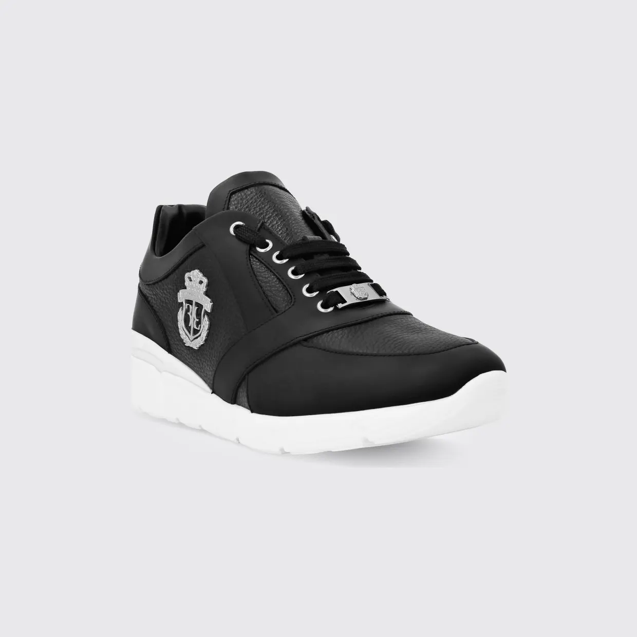 Billionaire Crest Runner Sneakers in Smooth and Grained Leather with Metallic Logo White 1 (RAESMSC2890BLE001N0201)