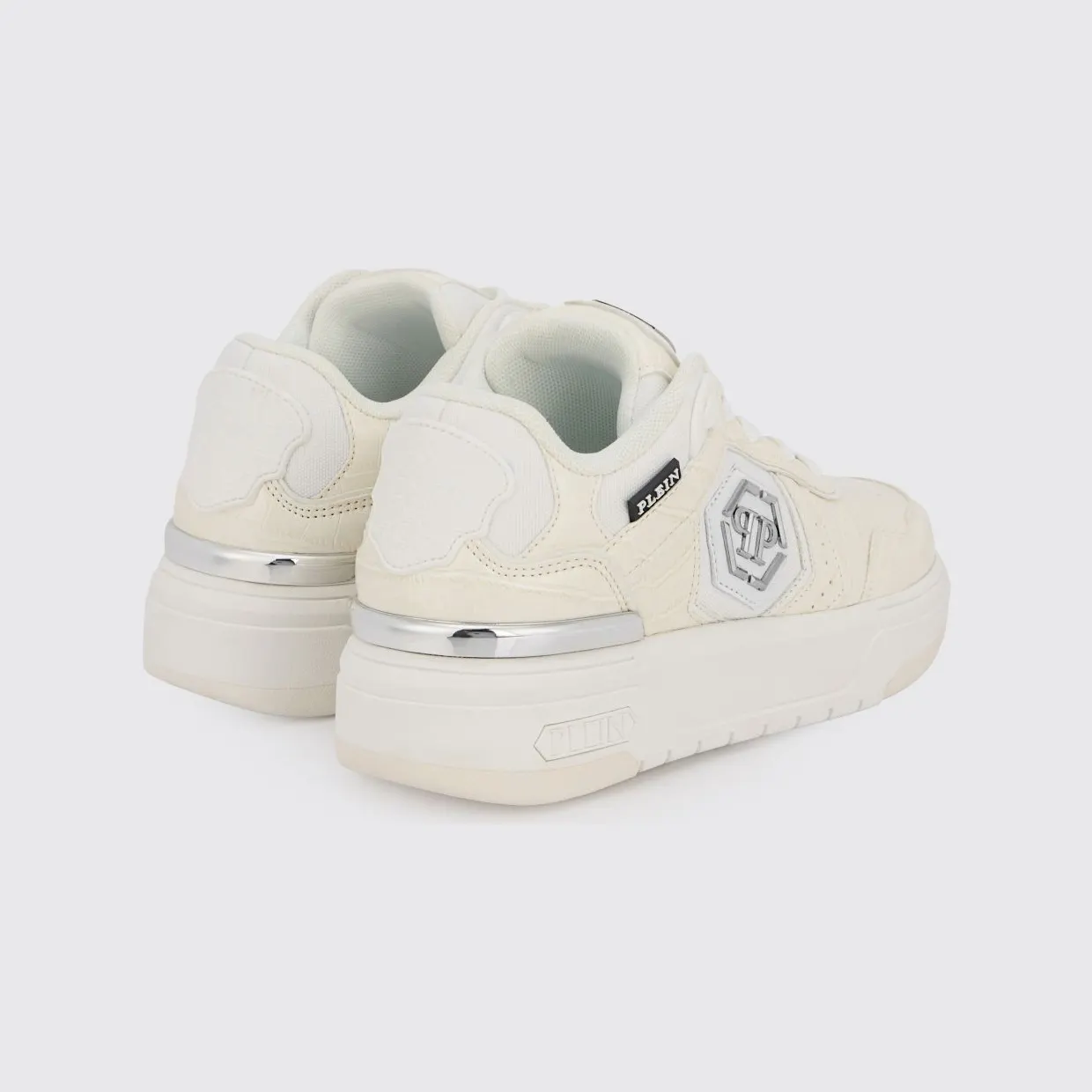 Philipp plein SK8R Low-Top Sneakers in Leather and Mesh with Croc Print and Hexagon Logo White (PAFSUSC0962PTE003N01) (2)