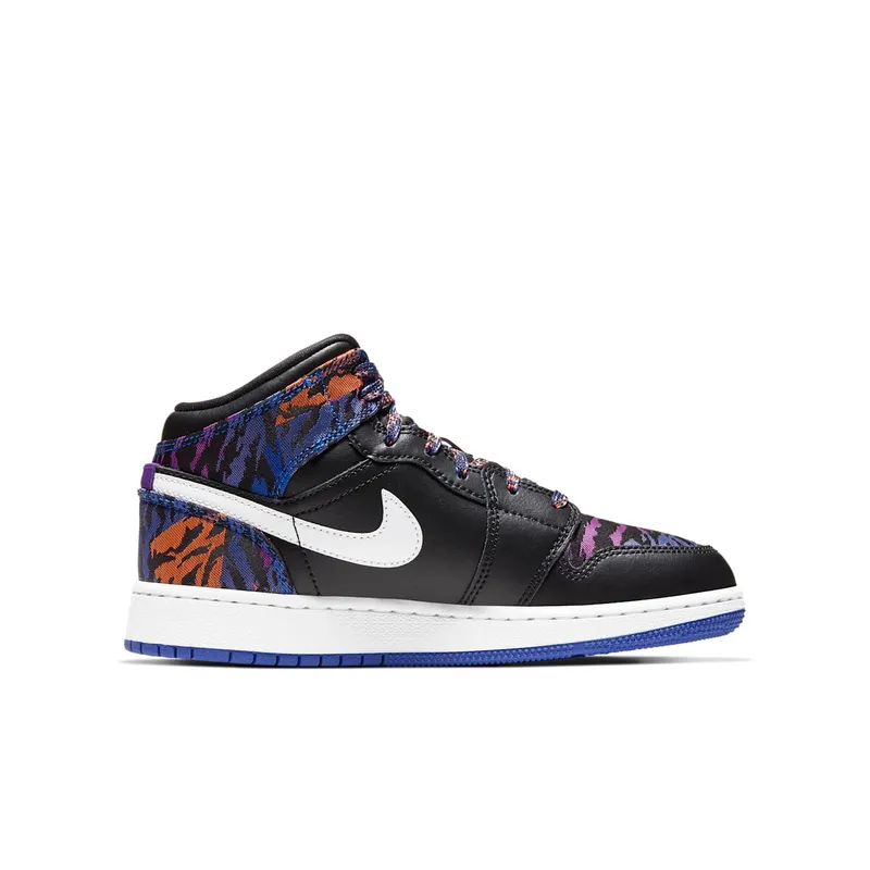 Jordan 1 Mid Multi-Color Tiger Stripe (GS) Black/White-Rush Violet-Black (AV5174-005)