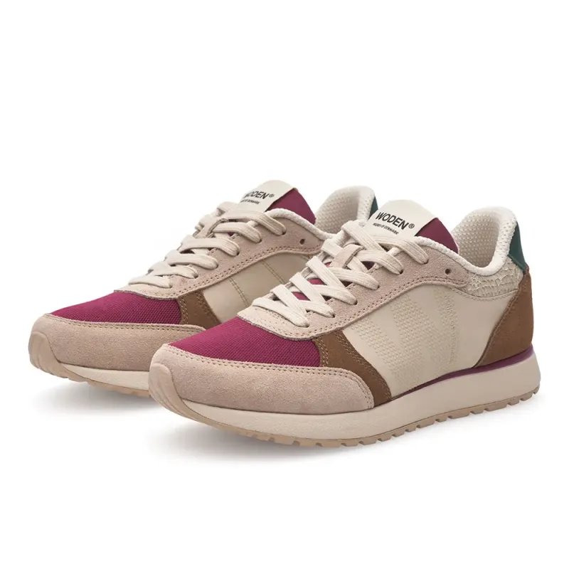 Woden sneaker Camel / Chocoladebruin / Dark Green / Donkerroze (WL740-247)