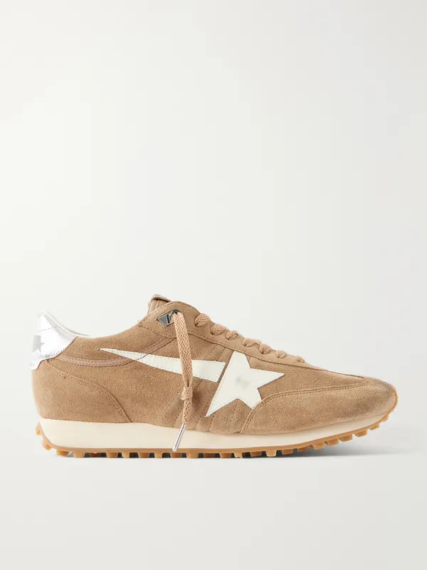 Golden Goose Marathon Metallic Leather-Trimmed Suede Sneakers Tan (GMF01071.F008445)