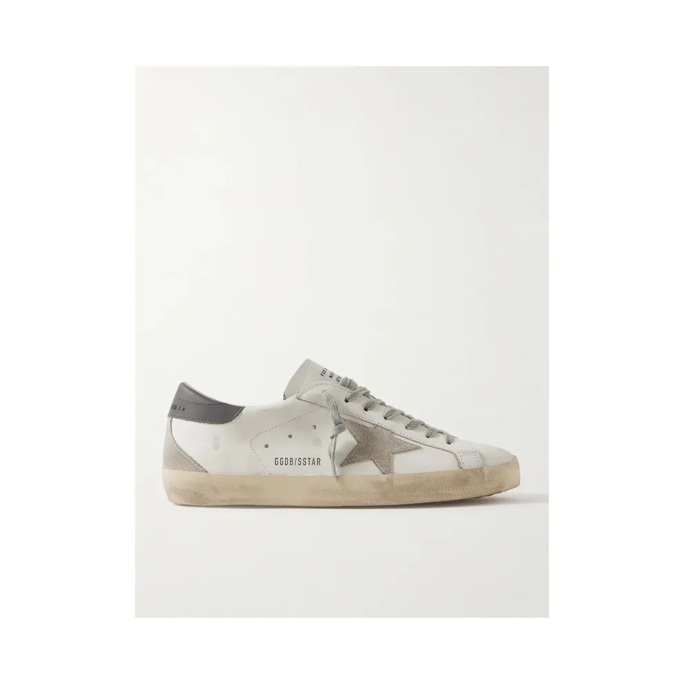 Golden Goose Super-Star Distressed Suede-Trimmed Leather Sneakers White (GMF00102.F006113)