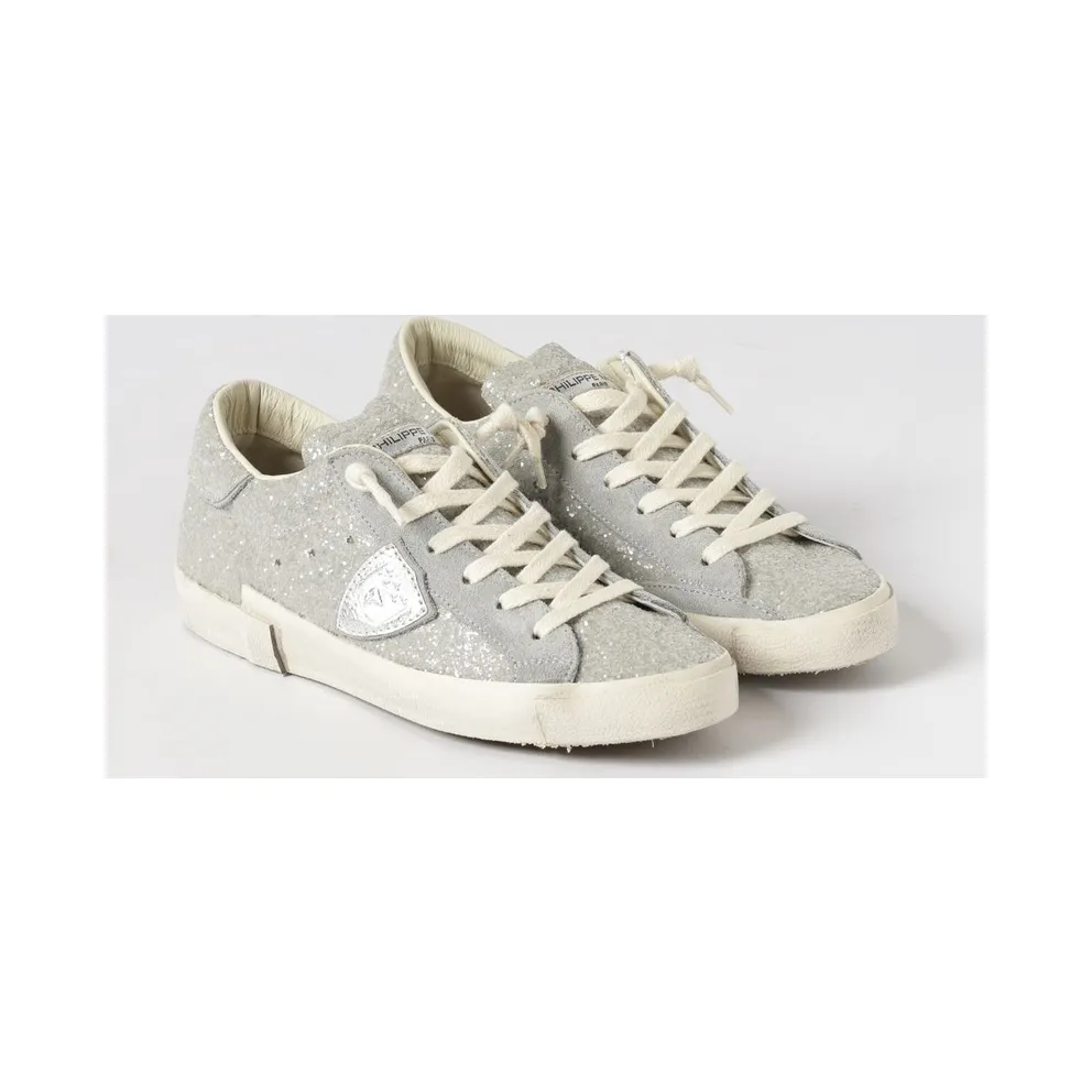 Philippe Model Low-Top in Leather and Fabric with Glitter and Embroidery Silver (PRLDGG09)