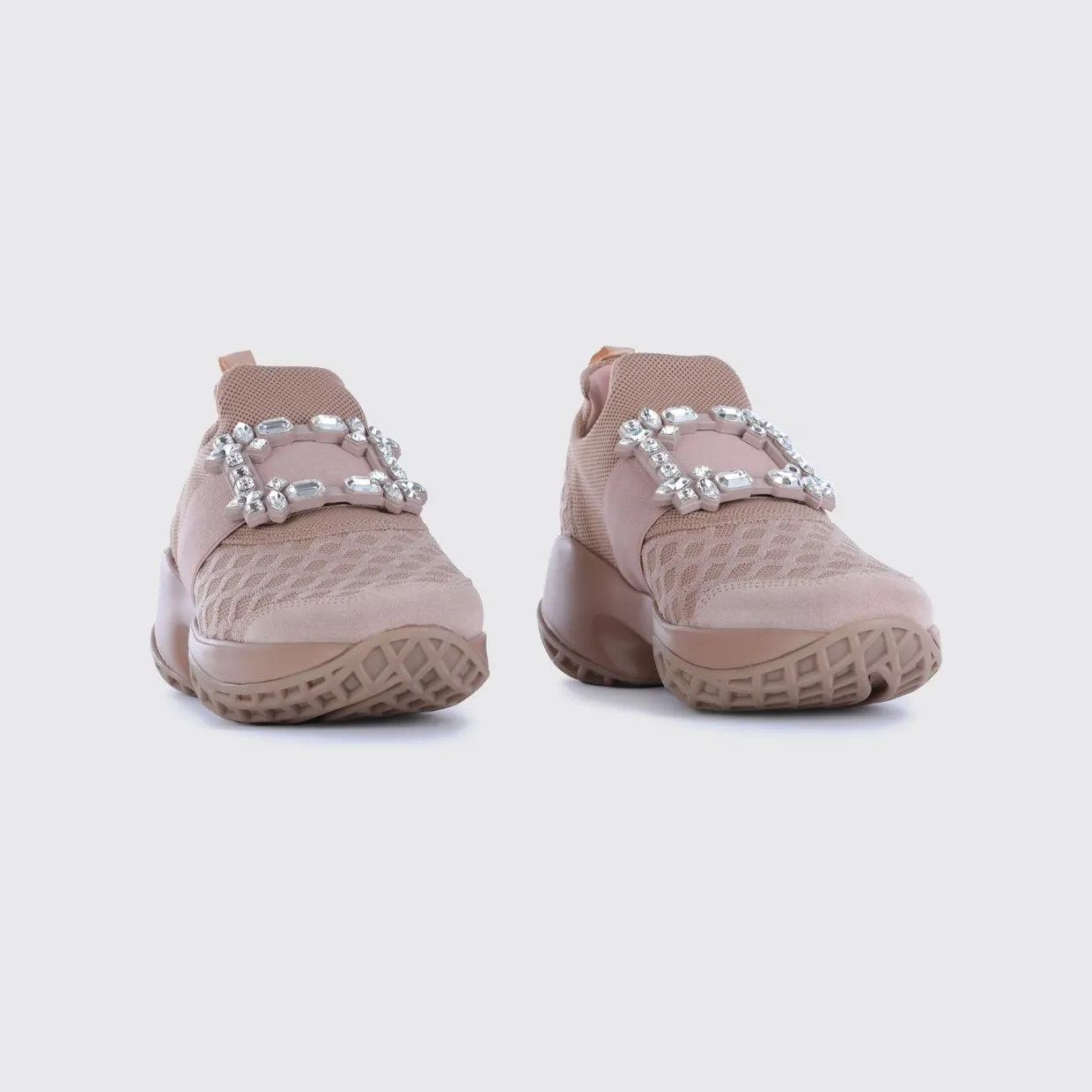 Roger Vivier Viv’ Run Knit Slip-On Trainers with Jewelled Buckle Beige (RVW50645830VRA0AHA)