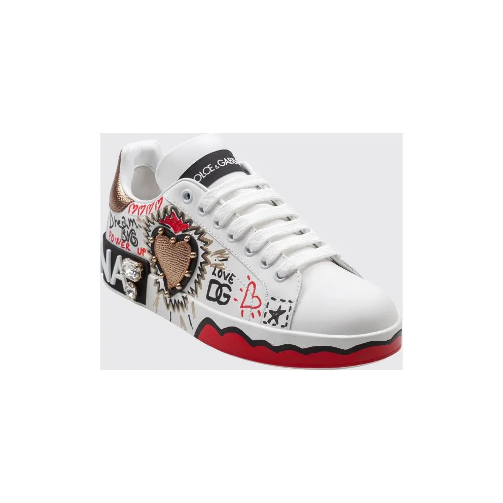 Dolce & Gabbana Portofino Low-Top Sneakers in Calfskin with Studs and Rhinestones White (CK2466A3L908G022)