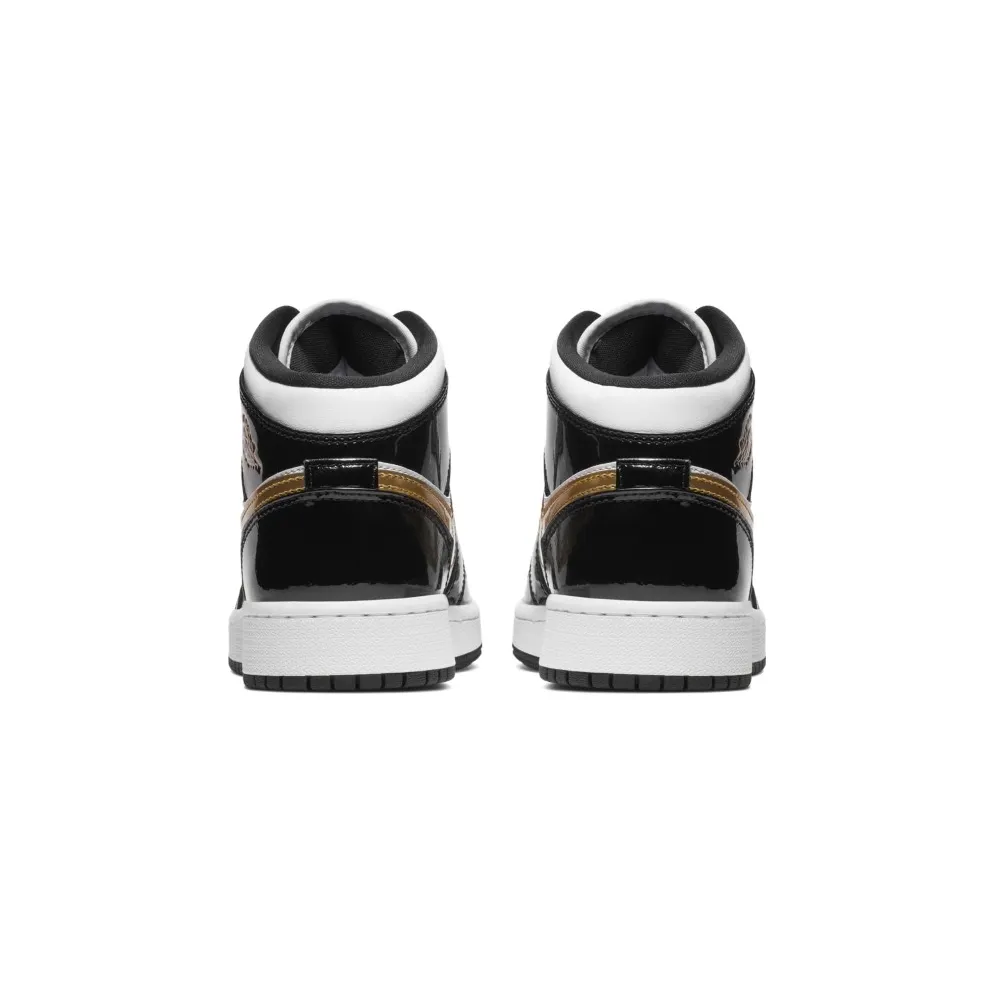 Jordan 1 Mid Patent Black White Gold (GS) Black/White-Metallic Gold (BQ6931-007)