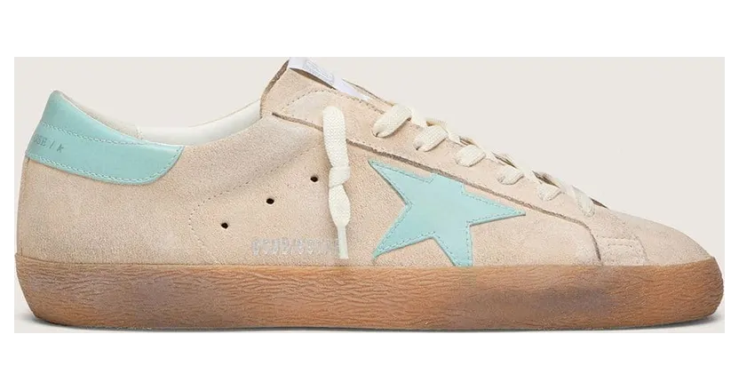 Golden Goose Men’S Super-Star In Beige Suede With Aqua-Green Star (GMF00101.F008551.15962)