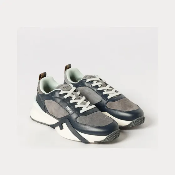 Fendi Flow Low-Top Sneakers in Suede and Smooth Calf Leather Blue (7E1925AY1WF1WPE)