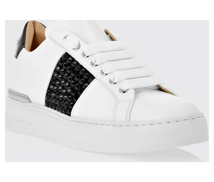 Philipp plein Leather Low-Top Sneakers with Rhinestones and Abstract Embroidery White (AACSWSC2708PLE010N0102)