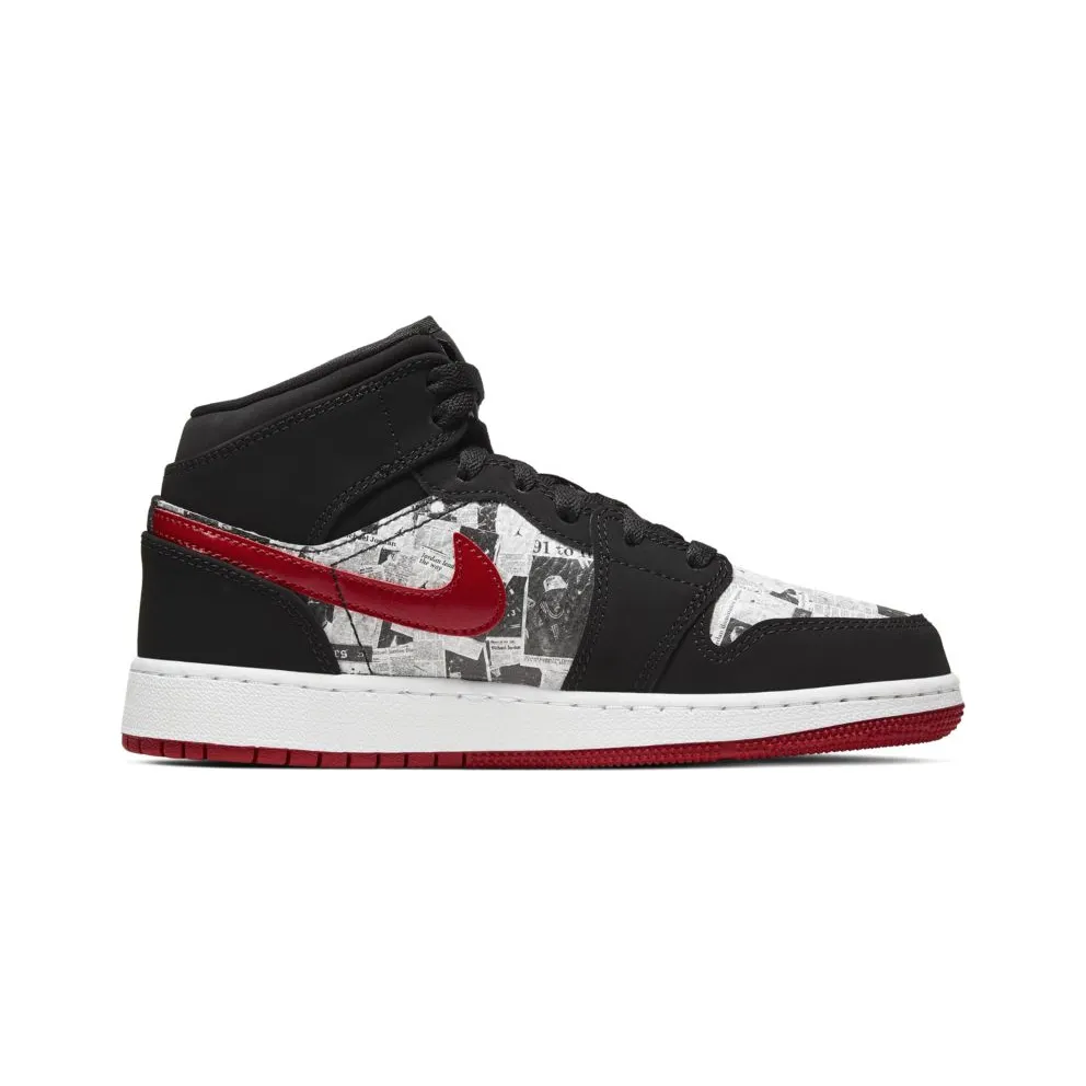 Jordan 1 Mid Newspaper Air Times (GS) Black/Gym Red-White (BQ6931-061)